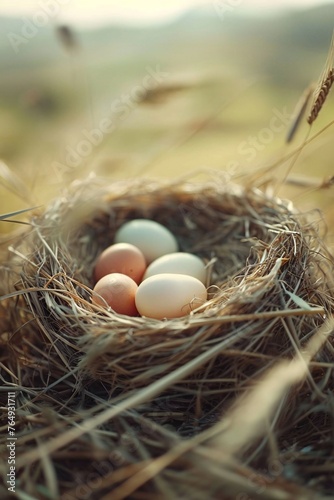 Bird's Nest with Blue Eggs in Wild Grass