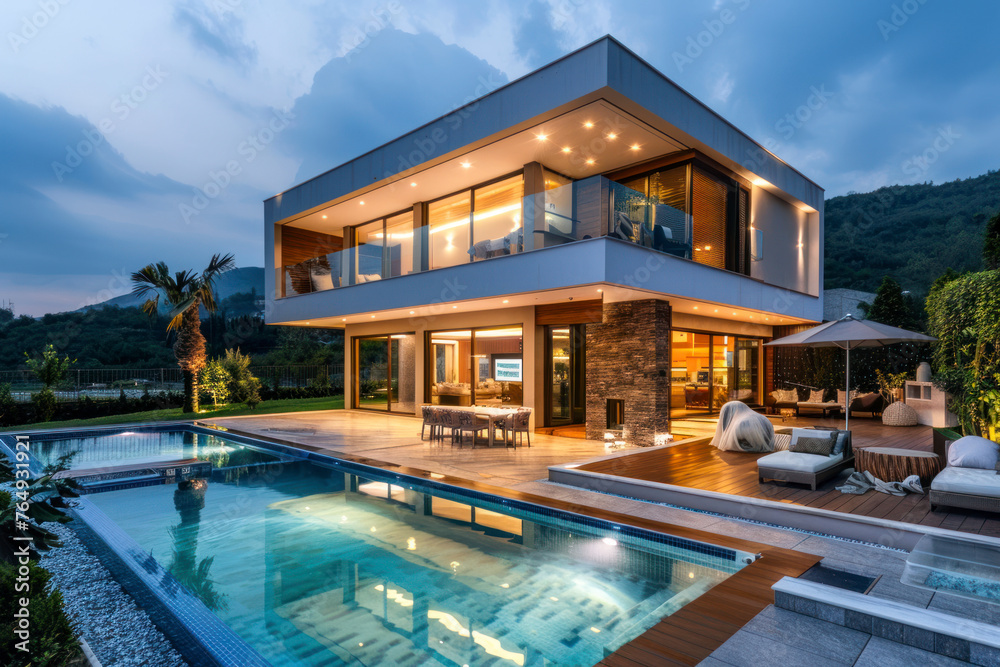 Modern villa with pool, night scene.
