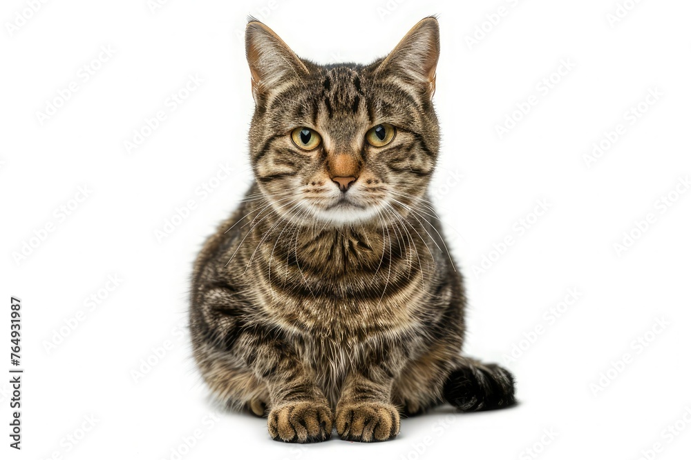 Sitting tabby cat looking forward against a white backdground, cat isolated on white background
