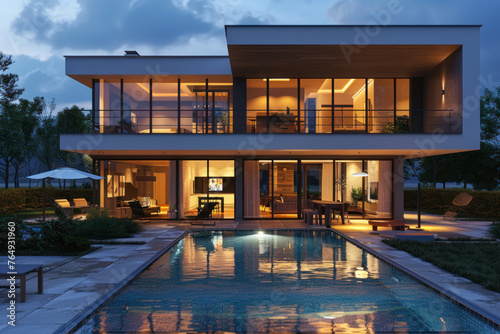 Modern villa with pool, night scene.