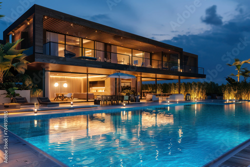 Modern villa with pool, night scene. © Hunman