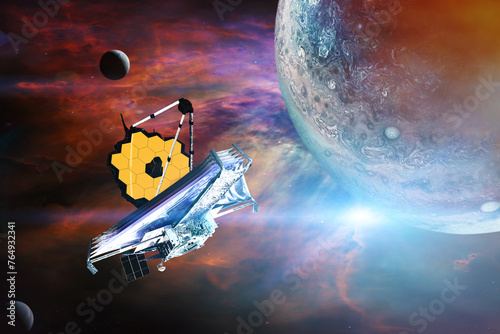 Fototapeta Naklejka Na Ścianę i Meble -  James Webb telescope explores outer space. JWST launch art. Elements of this image furnished by NASA.