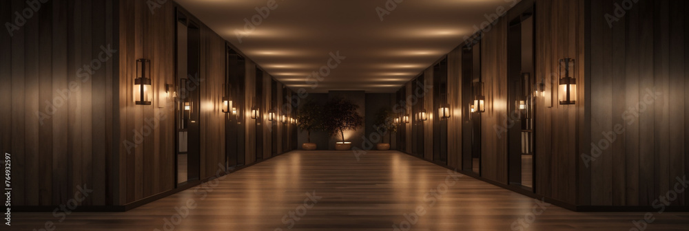 Ambient light from sconces casts a warm glow along a dark, wood-paneled hallway japandi and scandi style, crafting a mood of sophisticated tranquility and luxurious minimalism. Ambient light from sconces casts a warm glow along a dark, wood-paneled hallway japandi and scandi style, crafting a mood of sophisticated tranquility and luxurious minimalism.