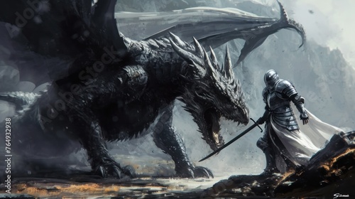 A medieval warrior confront a powerful dragon.