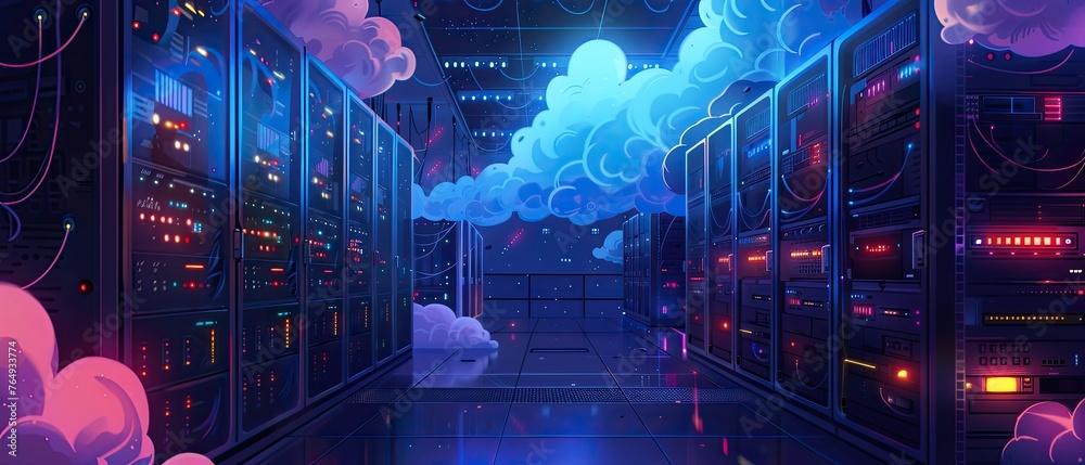Obraz premium A cloud-based server farm tended by sprites ensuring the smooth operation of magical networks