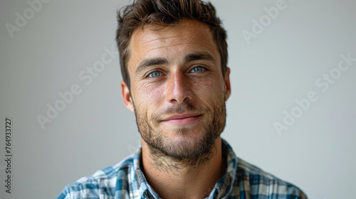 A young man with a friendly smile and blue eyes, wearing a casual plaid shirt. photo