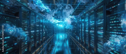 A cloud-based server farm tended by sprites ensuring the smooth operation of magical networks photo
