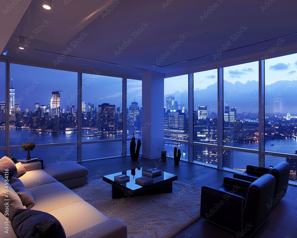 Expansive serene view from a sleek modern apartment at night