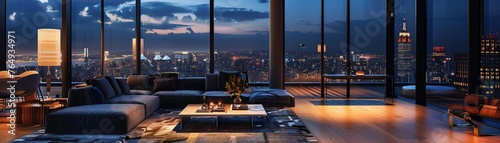 Modern apartments expansive window showcasing the serene glowing city below