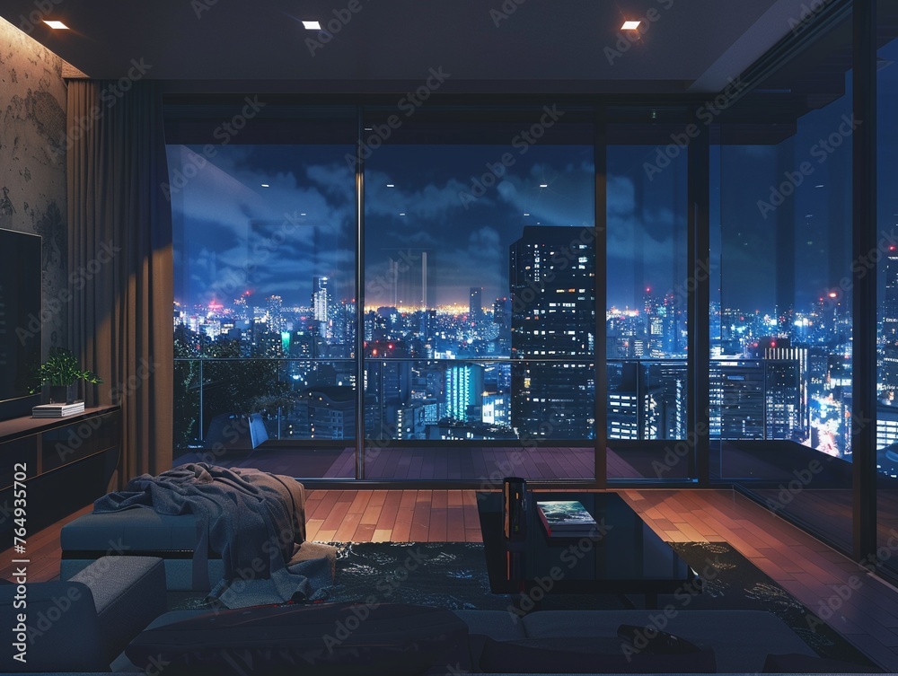 Peaceful urban nightscape viewed from an expansive modern apartment