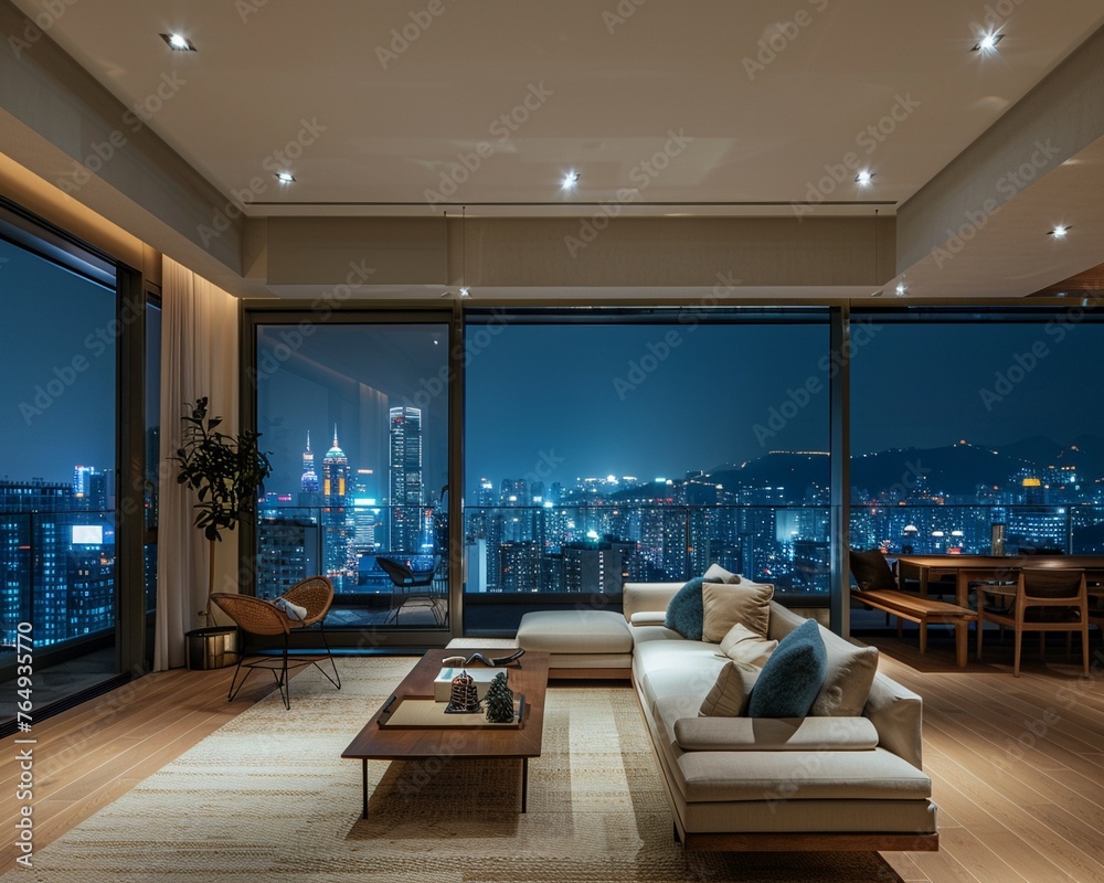 Quiet expansive views of the city at night from a serene Quiet expansive views of the city at night from a serene