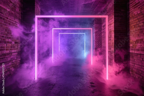 Background of an empty room with brick walls and neon lights  laser lines and multi colored smoke © darshika