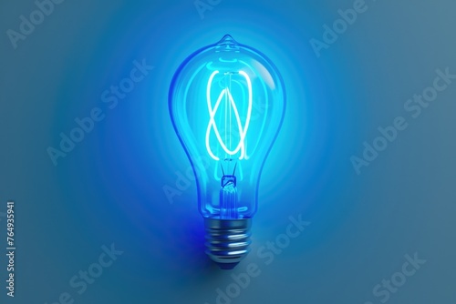 blue neon light bulb on white wall.