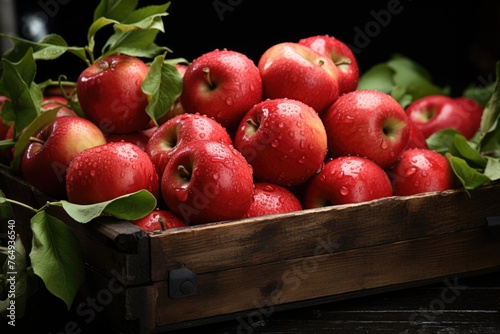 Fresh organic apple wooden box on the black surface. ., generative IA