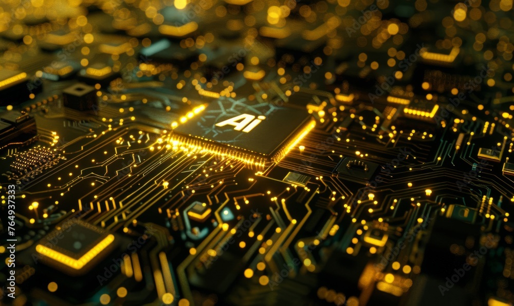 artificial intelligence conept image with technical rendering image with motherboard and chip. artificial intelligence conept image with technical rendering image with motherboard and chip.