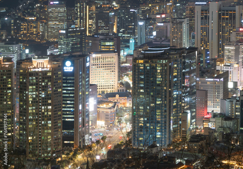 Aerial view of Seoul Downtown Skyline  South Korea. Financial district and business centers in smart urban city in Asia. Skyscraper and high-rise buildings.