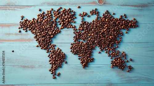 A world map made from coffee beans.