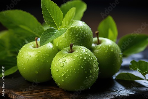 Photo of two fresh green apples with green leaves in a table., generative IA