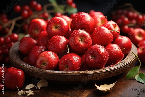Red bright whole apples placed on the wood plate., generative IA