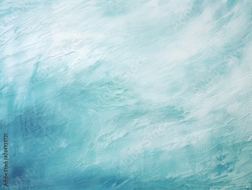 Cyan and white painting with abstract wave patterns