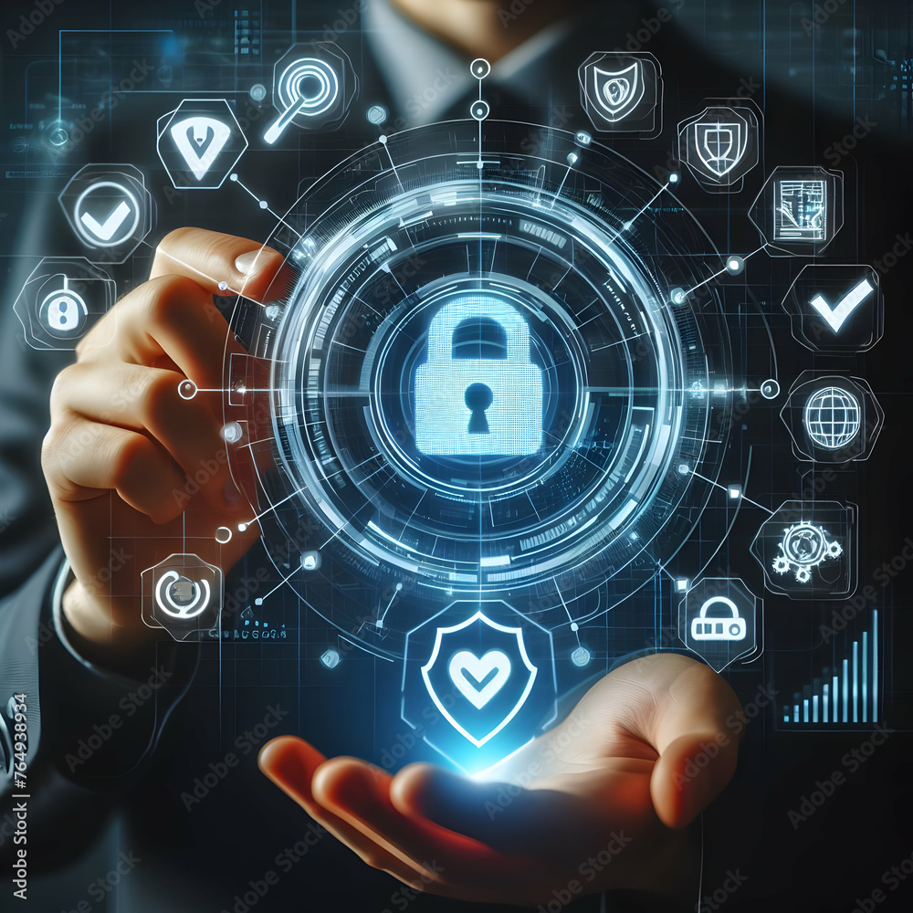 A person is interacting with virtual gears, each containing icons representing different aspects of digital malicious like a malware, email with hook, virus, ransomware, and document A person is interacting with virtual gears, each containing icons representing different aspects of digital malicious like a malware, email with hook, virus, ransomware, and document