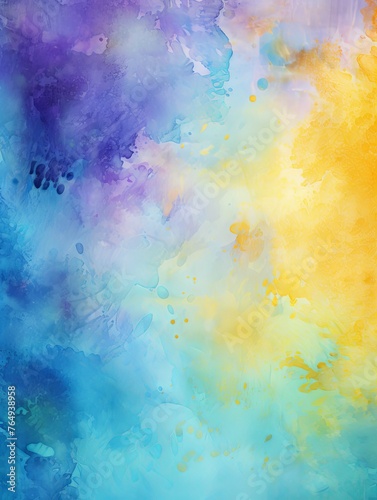 Cyan and yellow watercolour splatter background, purple yellow