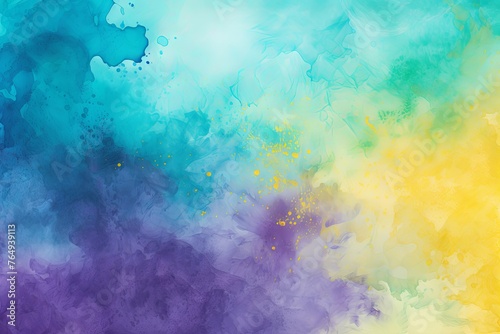 Cyan and yellow watercolour splatter background, purple yellow