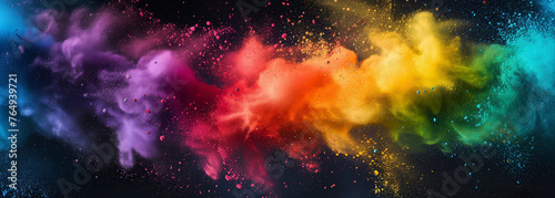 Colorful rainbow holi paint color powder explosion garland banner isolated dark background.