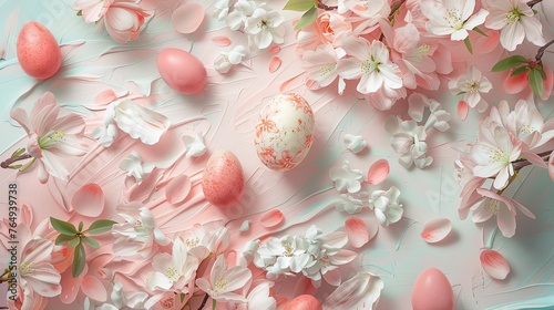 spring and Easter celebrations, characterized by light pastel colors, floral motifs, relief paintings, and generous whitespace for textual content.
