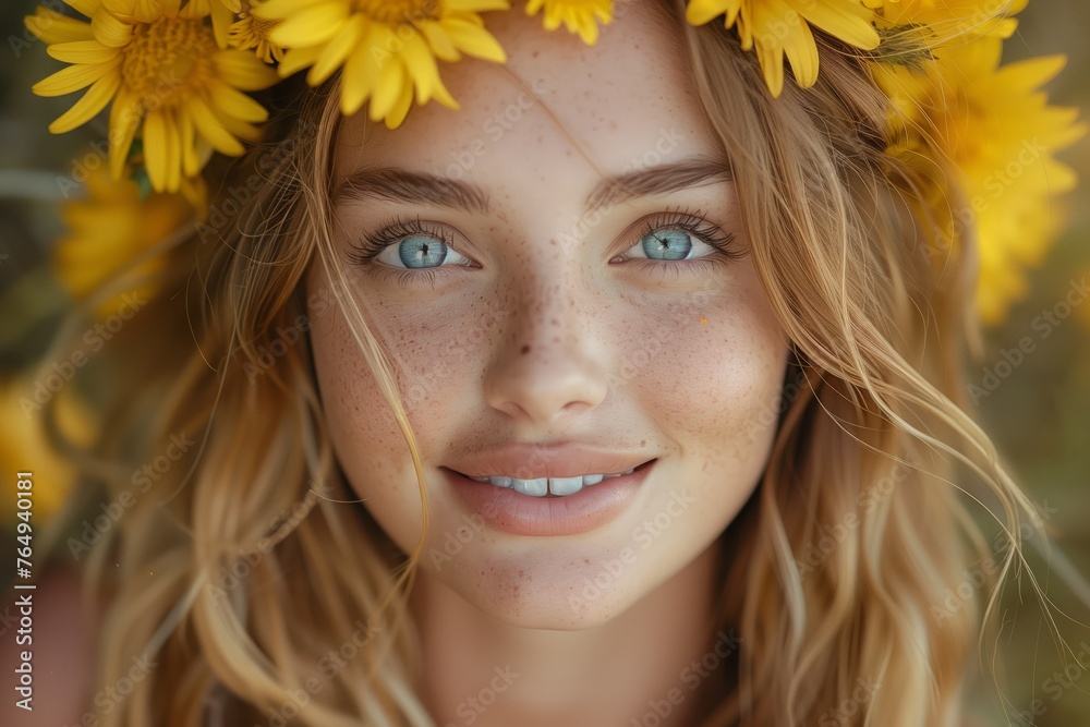 Close-up portrait of a beautiful girl with bright blue eyes and long blonde hair with a crown of flowers on her head. Outdoors. Close-up portrait of a beautiful girl with bright blue eyes and long blonde hair with a crown of flowers on her head. Outdoors.