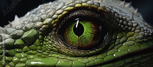 A detailed view of the eye of a lizard, showing intricate patterns and textures, with scales around the eye visible