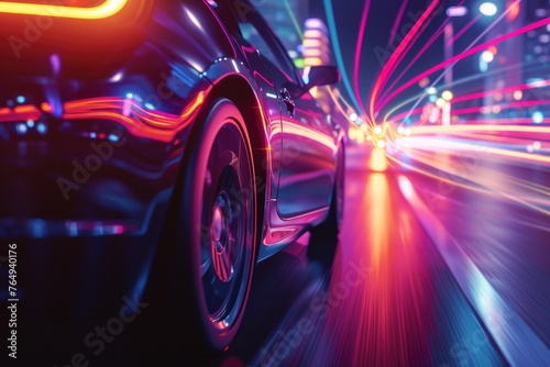 Car speed drive on the road in night city. Retro wave neon noir lights color toning © darshika