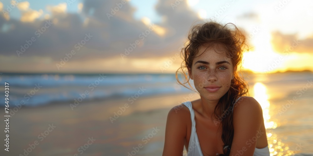 Portrait of a beautiful girl with sun-kissed freckles on the coast during sunset at golden hour. Copy space. Portrait of a beautiful girl with sun-kissed freckles on the coast during sunset at golden hour. Copy space.