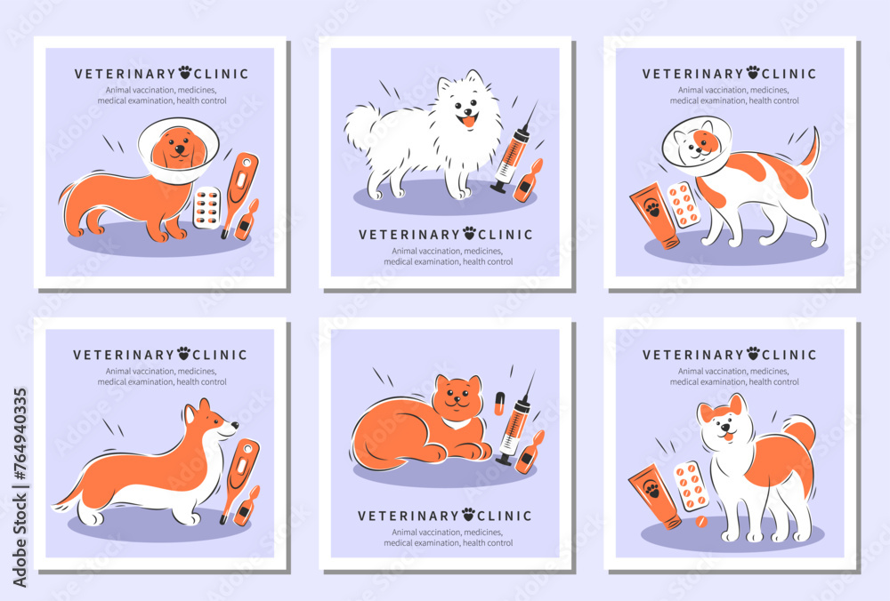 Fototapeta premium Veterinarian clinic or hospital for animals. Animal vaccination, medicines, medical examination, health control. Treatment of cats and dogs. Vector illustration