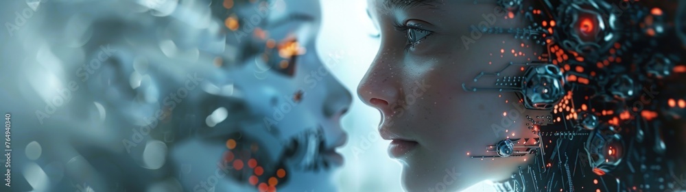 AI technologies. AI robots humanoids face to face. Banner.