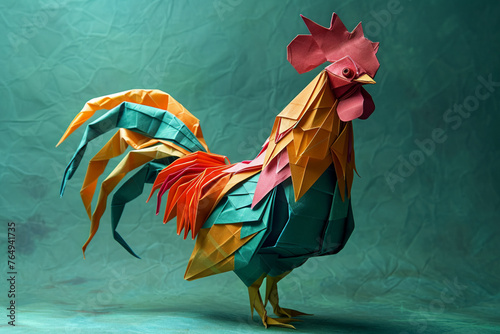colorful origami rooster on a blue background  inspired by the artistic styles of king. this photographically detailed portrait showcases inventive character