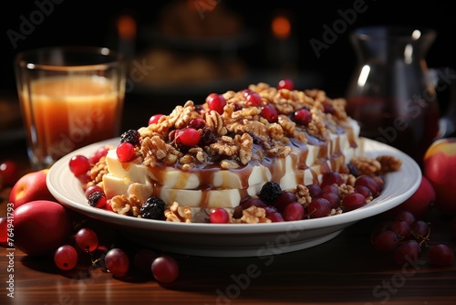 Muesli's healthy homemade breakfast, apples, fresh fruits and walnuts, generative IA