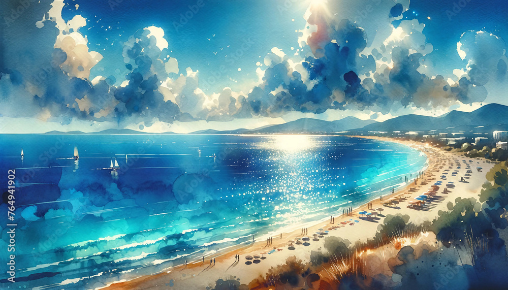 widescreen watercolor painting that captures the lively and vibrant atmosphere of a summer sea landscape
