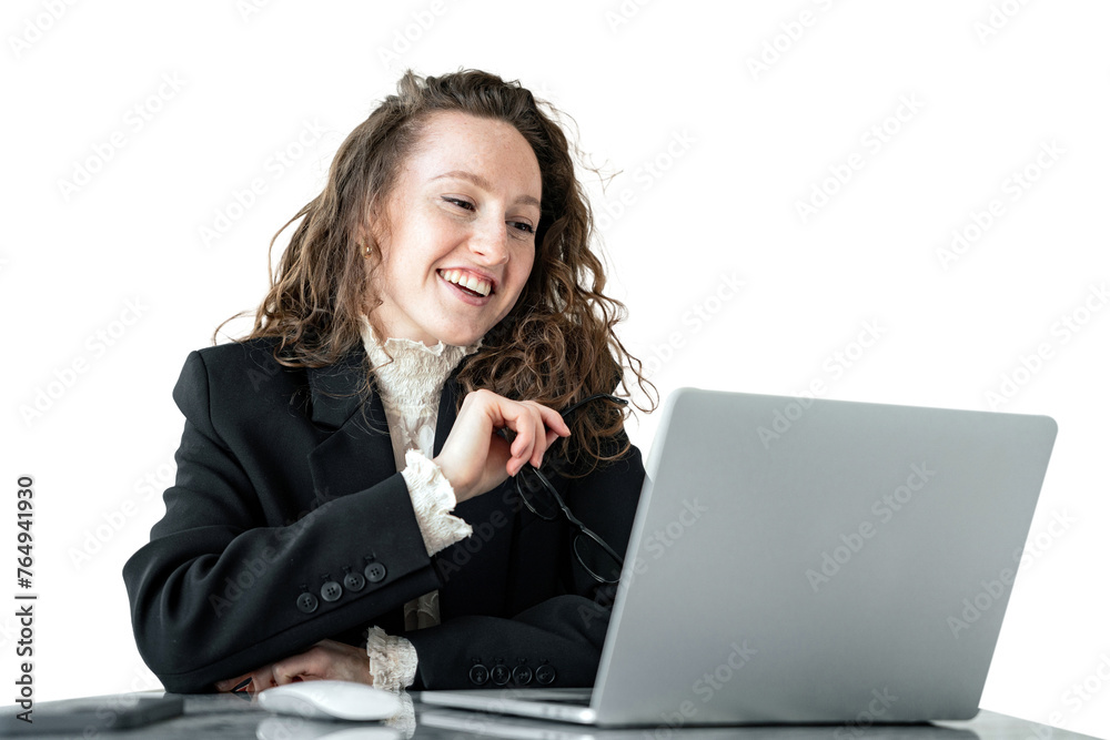 A business woman smiles, works in the office, uses a laptop computer, transparent isolated background. A business woman smiles, works in the office, uses a laptop computer, transparent isolated background.