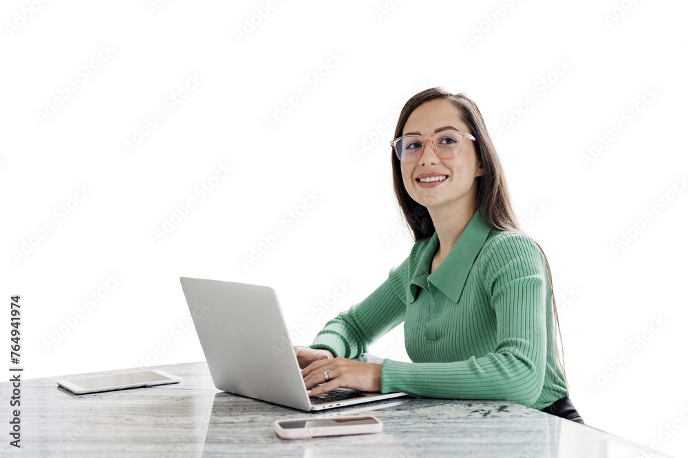 A female freelancer is smiling, working in an office, using a laptop computer, transparent isolated background. A female freelancer is smiling, working in an office, using a laptop computer, transparent isolated background.