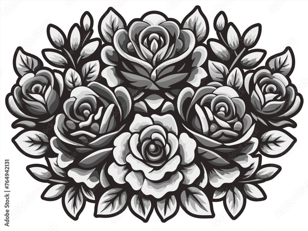 Mexico mexican roses for festival Cinco de mayo. Retro old school roses for chicano tattoo. Artistic illustration of fiery orange and red roses with stylized leaves against