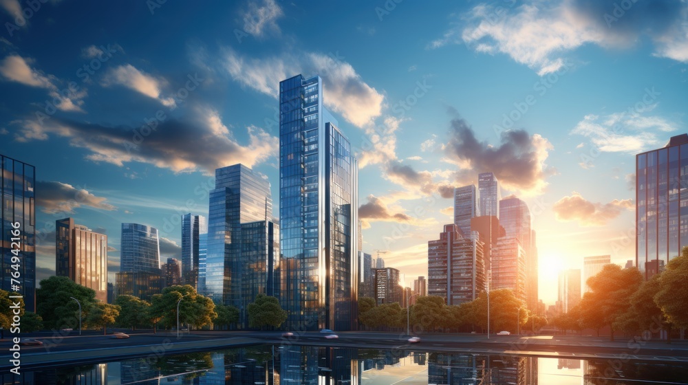 Obraz premium Photorealistic Tall building and behind it a beautiful and sky