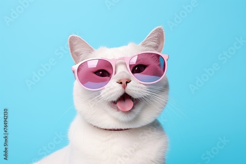 Cute cat with stylish glasses on soft pastel background, adorable trendy pet portrait