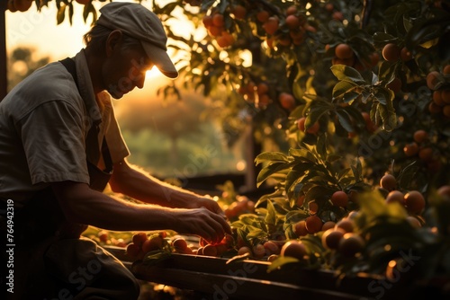 A farmer harvesting apples in a sunny orchard octa 00097 02, generative IA photo