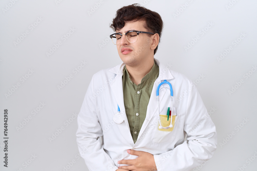 Young non binary man wearing doctor uniform and stethoscope with hand on stomach because indigestion, painful illness feeling unwell. ache concept.