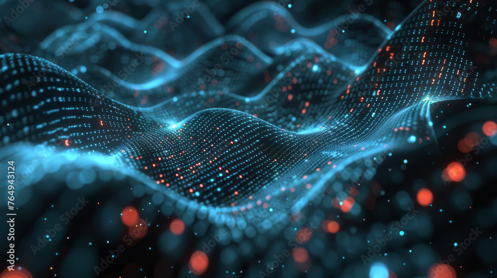 Realistic depiction of complex data streams flowing through a neural