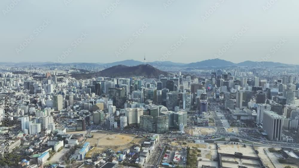 Drone View of Seoul city in South Korea, Gangnam road, winter, sunset Drone View of Seoul city in South Korea, Gangnam road, winter, sunset