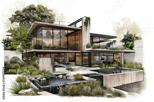 Illustration of architecture hospitality commercial project. AI Generative sketch of hotel in exterior front view perspective of residential villa area.