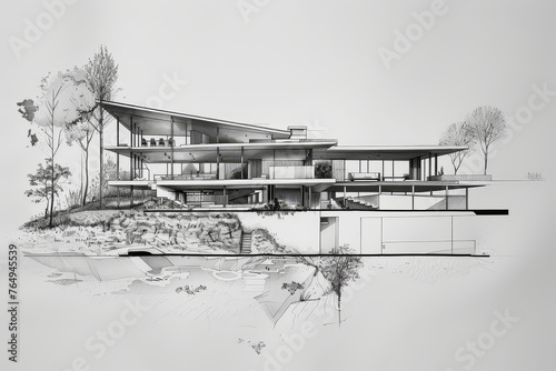 Illustration of architecture hospitality commercial project. AI Generative sketch of hotel in exterior front view perspective of residential villa area.