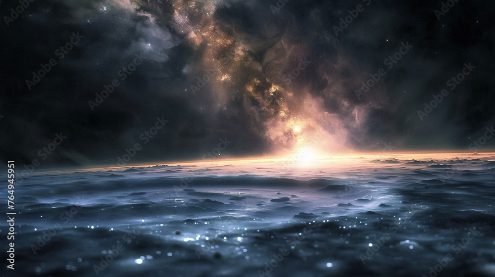 Fototapeta premium A celestial panorama of radiant stars piercing through nebulous clouds, a space background.. Beautiful simple AI generated image in 4K, unique.